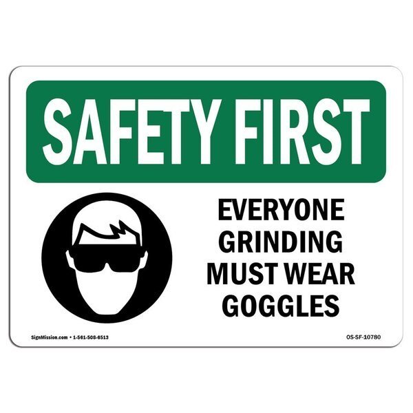 OSHA Sign, Everyone Grinding Must Wear Goggles, 14in X 10in Aluminum, 14